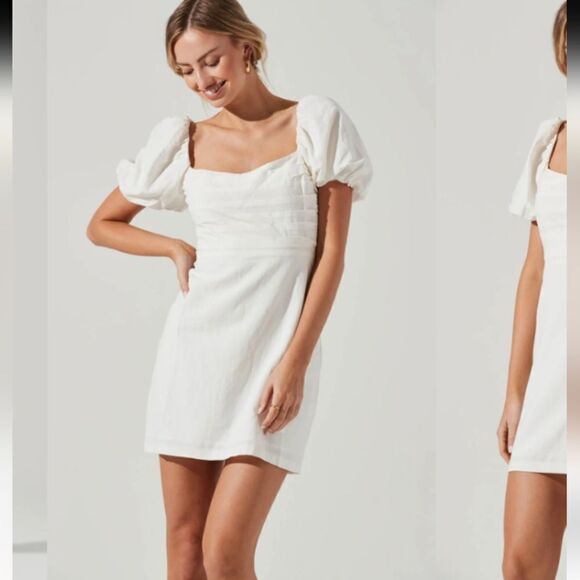 ASTR Pleat Front white minidress Viscose Linen blend Dress cross back puff sleev - Picture 14 of 15